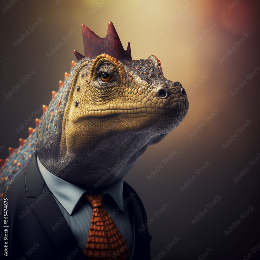 Portrait of a dinosaur dressed in a formal business suit, Generative AI