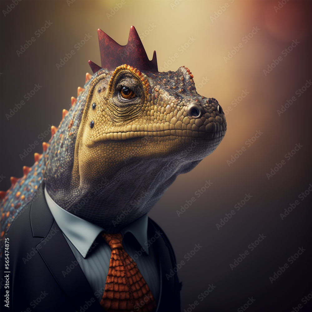 Portrait of a dinosaur dressed in a formal business suit, Generative AI Portrait of a dinosaur dressed in a formal business suit, Generative AI