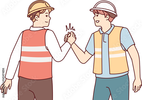 Two men in uniform of builders shake hands holding each others palms tightly.. Vector image