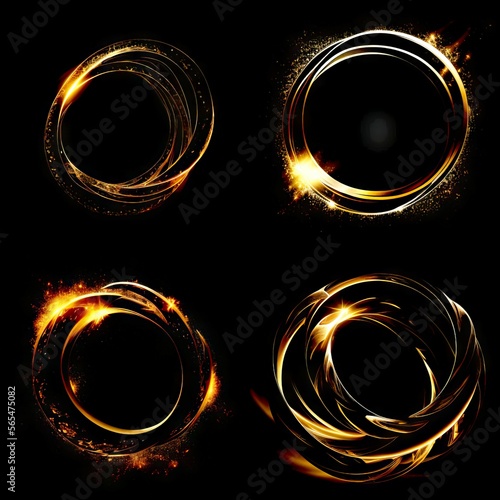 A set of four Gold Light Ring Overlays on a black background generative ai