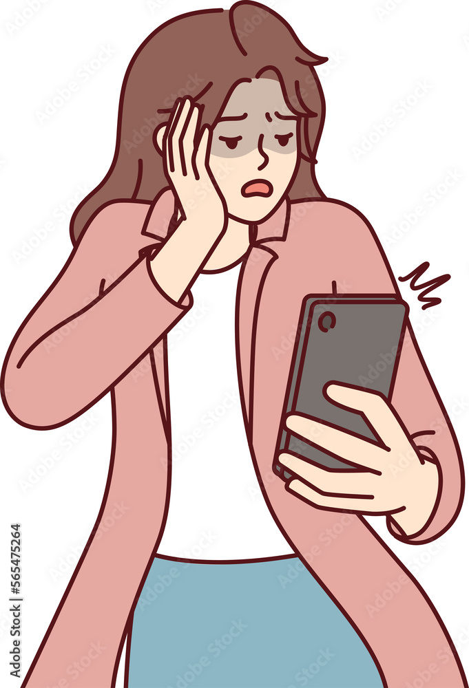 Frightened woman looks into mobile phone after seeing unpleasant sms message. Vector image Frightened woman looks into mobile phone after seeing unpleasant sms message. Vector image