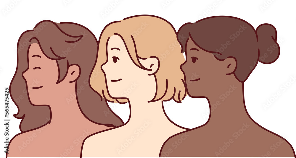 Diverse multiracial beautiful women with bare shoulders look one way and smile. Vector image Diverse multiracial beautiful women with bare shoulders look one way and smile. Vector image