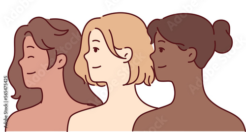 Diverse multiracial beautiful women with bare shoulders look one way and smile. Vector image