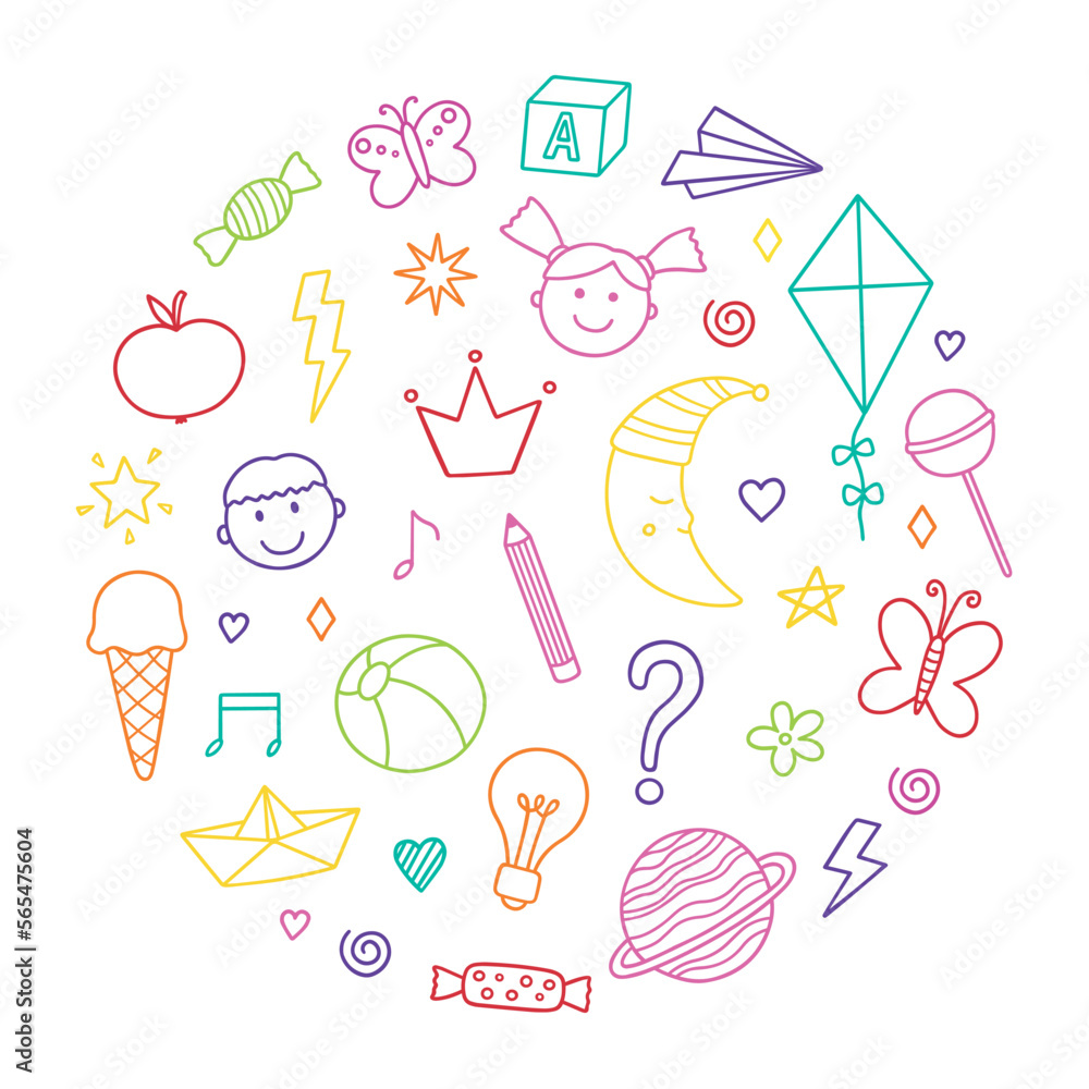 Cute kids doodle set. Children's drawings. Hand drawn vector illustration isolated on white background Cute kids doodle set. Children's drawings. Hand drawn vector illustration isolated on white background