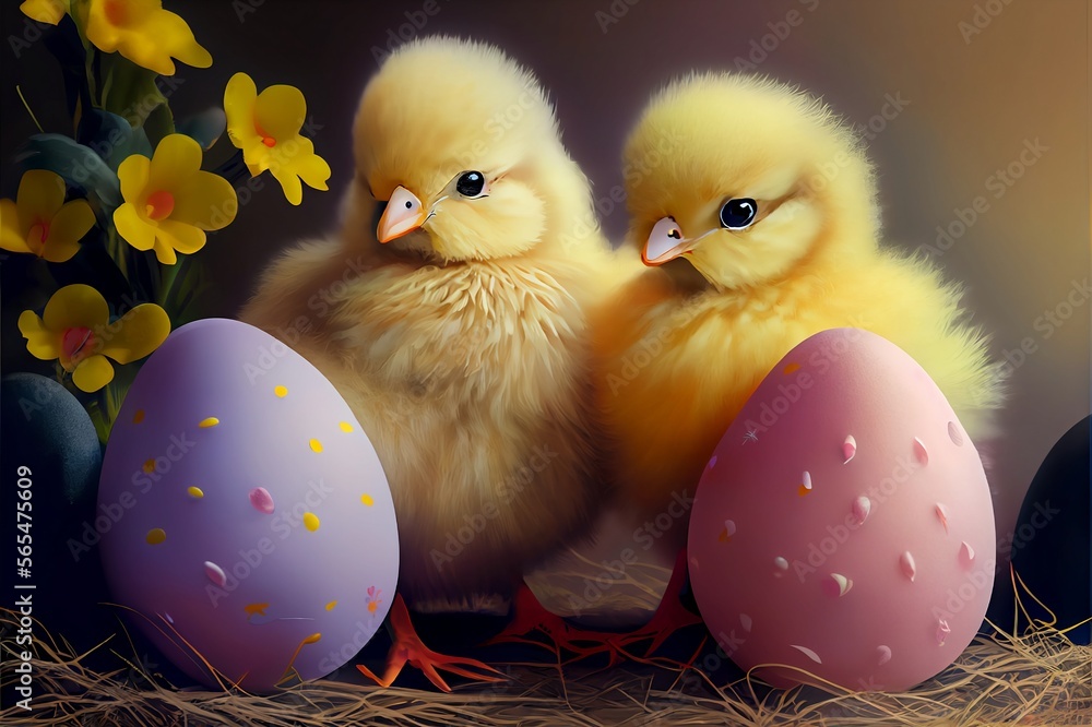 Ilustración de pollitos con huevos de Pascuas decorados. Generado con ...