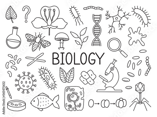 Biology doodle set. Education and study concept. School equipment, viruses, bacteria in sketch style. Hand drawn vector illustration isolated on white background