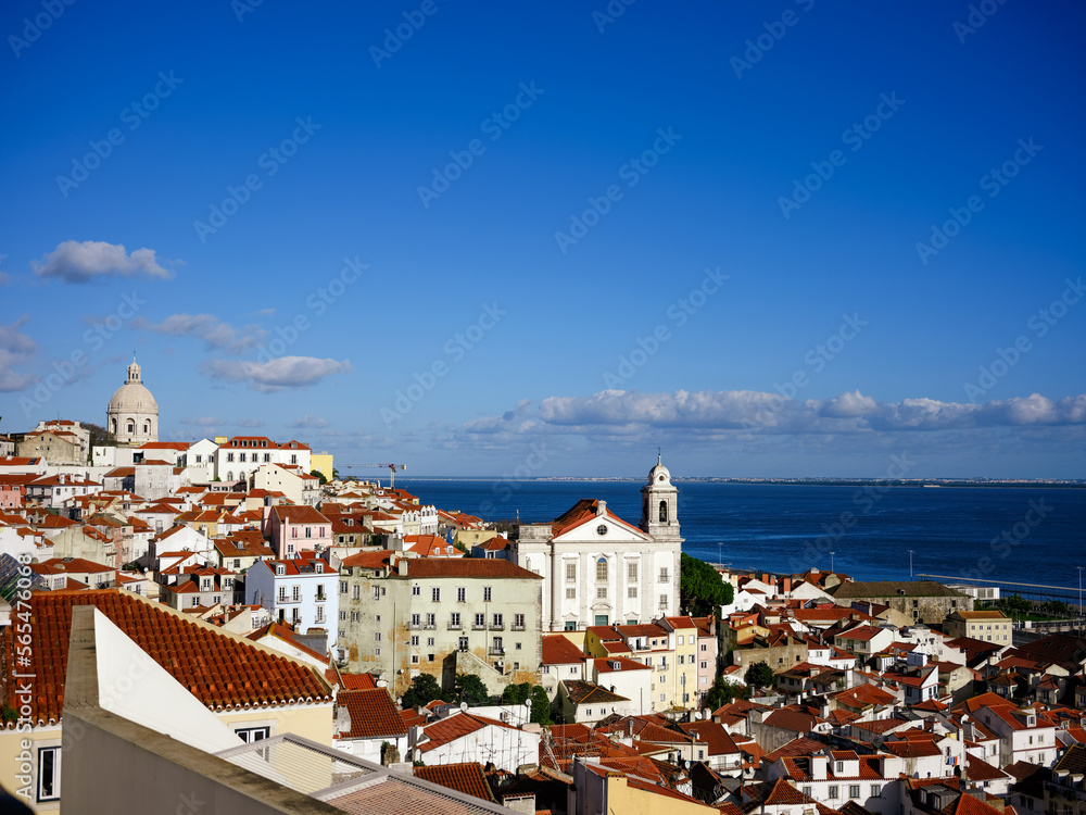 View of historic Afalma neighborhood Lisbon Portugal on sunny day.