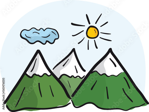 Hand drawn mountains and sun from simple black lines. Colored drawing.