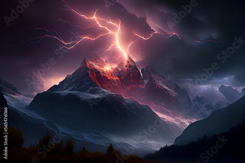 Gewitter mit einem Blitz und dramatischen Wolkenhimmel in den Bergen- Generative Ai