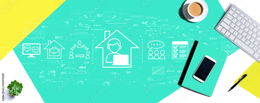 Remote Work theme with computer keyboard and office items Remote Work theme with computer keyboard and office items