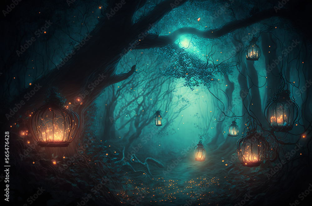 Fairy lantern forest scene at night with eerie fog