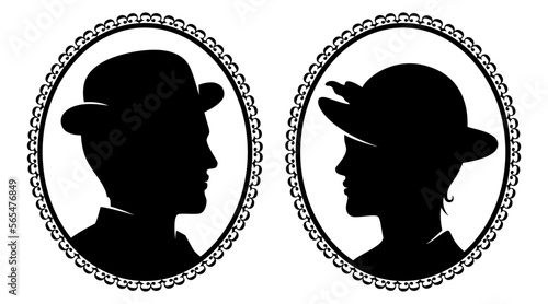 Victorian man and woman portraits in vintage style frames, black silhouette vector illustration.