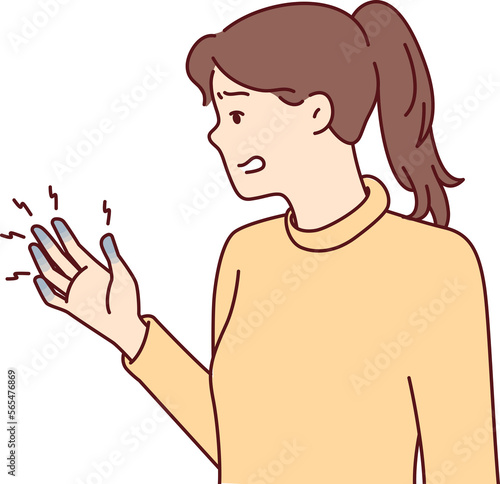 Woman experiencing with blue fingers after injury or chronic illness tormented by pain. Vector image