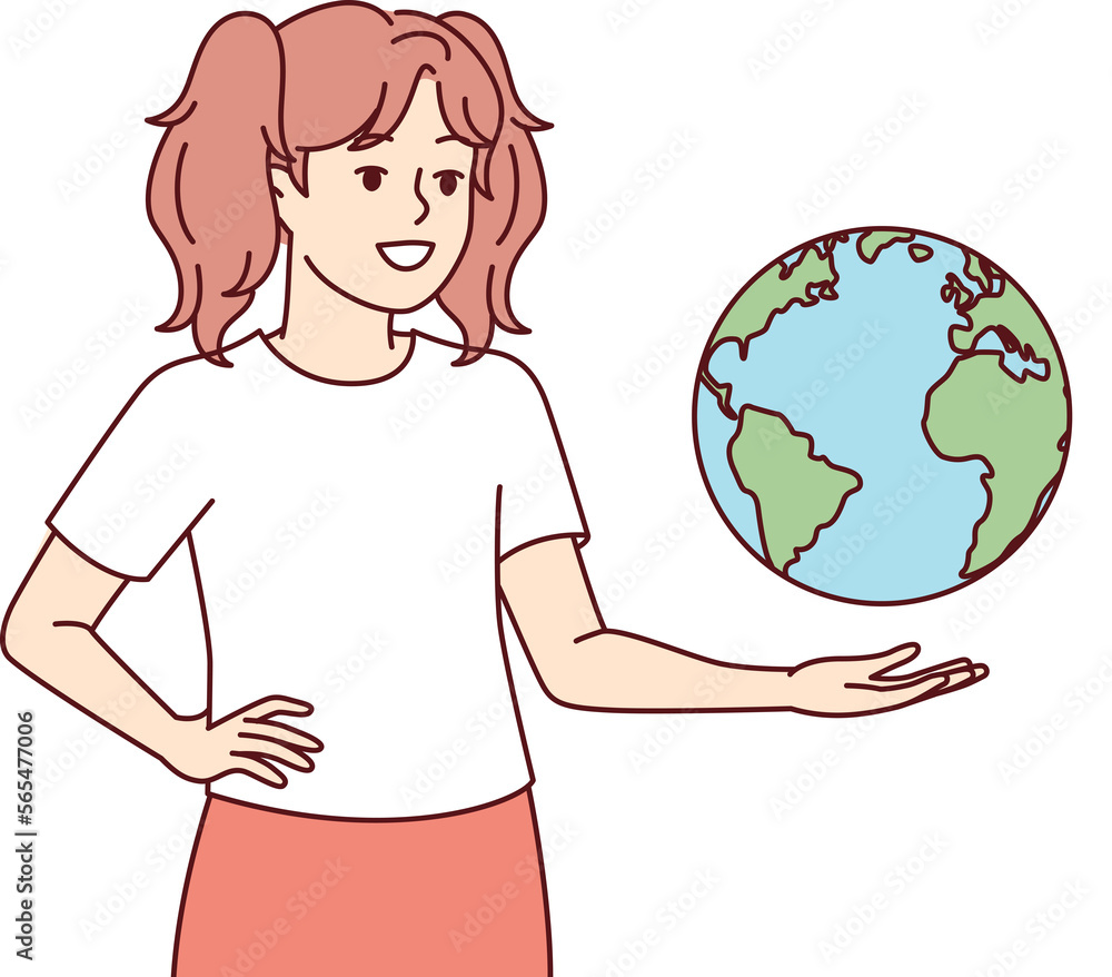 Teenage girl with globe studies geography and dreams of traveling of world. Vector image Teenage girl with globe studies geography and dreams of traveling of world. Vector image