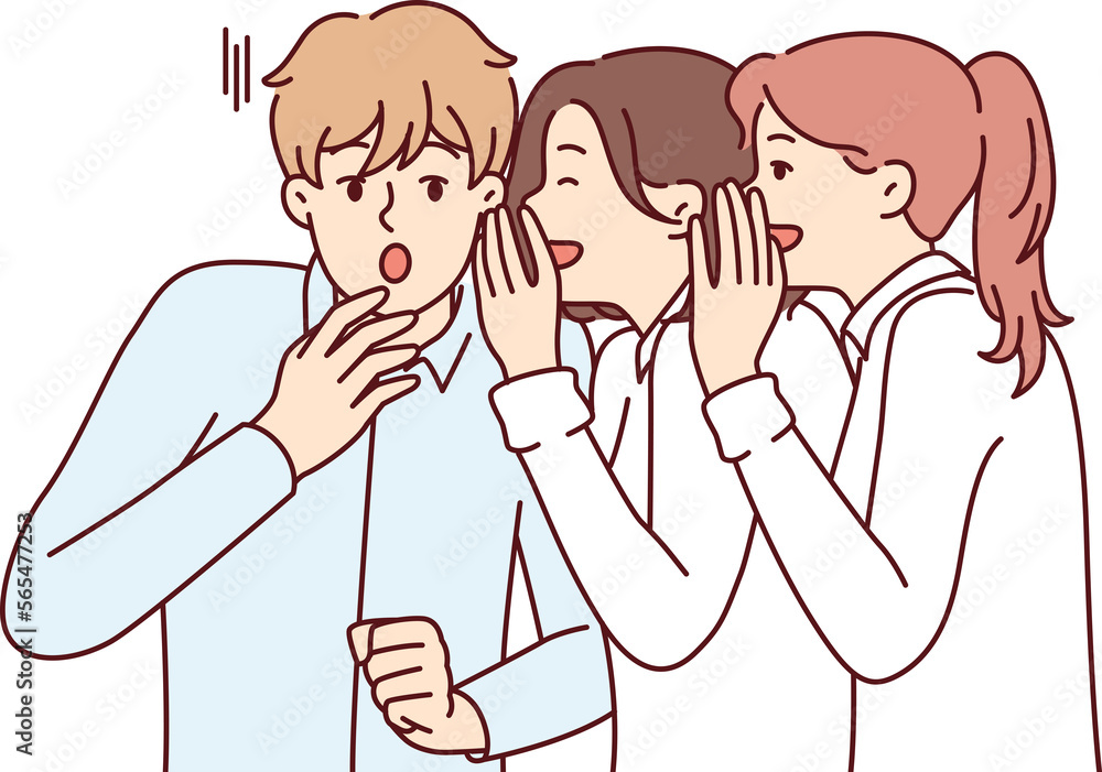 Young man is shocked by secret about colleagues or friends told by two girls. Vector image Young man is shocked by secret about colleagues or friends told by two girls. Vector image