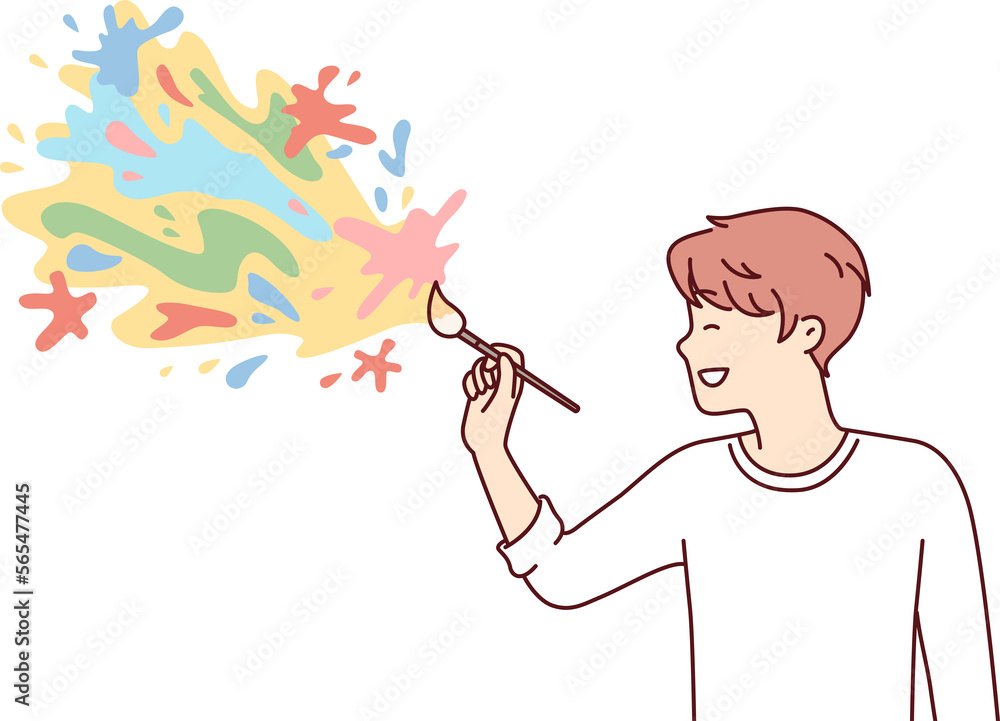 Cheerful male artist applying paint on wall drawing abstract colorful blots. Vector image Cheerful male artist applying paint on wall drawing abstract colorful blots. Vector image