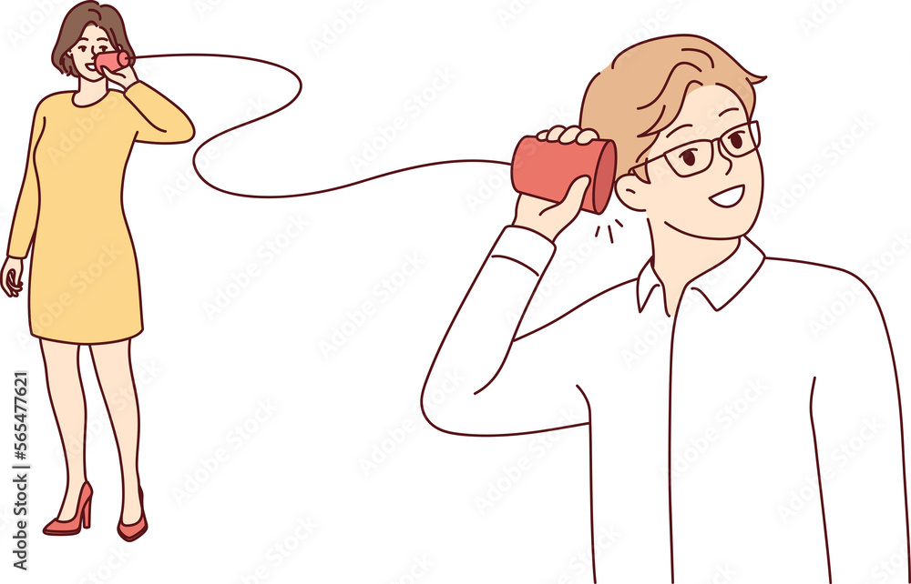 Man and woman are talking using homemade phone made from rope and cups. Vector image Man and woman are talking using homemade phone made from rope and cups. Vector image