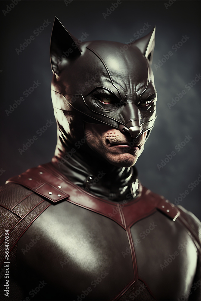 Super hero wild Cat man in leather Suit full costumes and leather mask  Stock Illustration