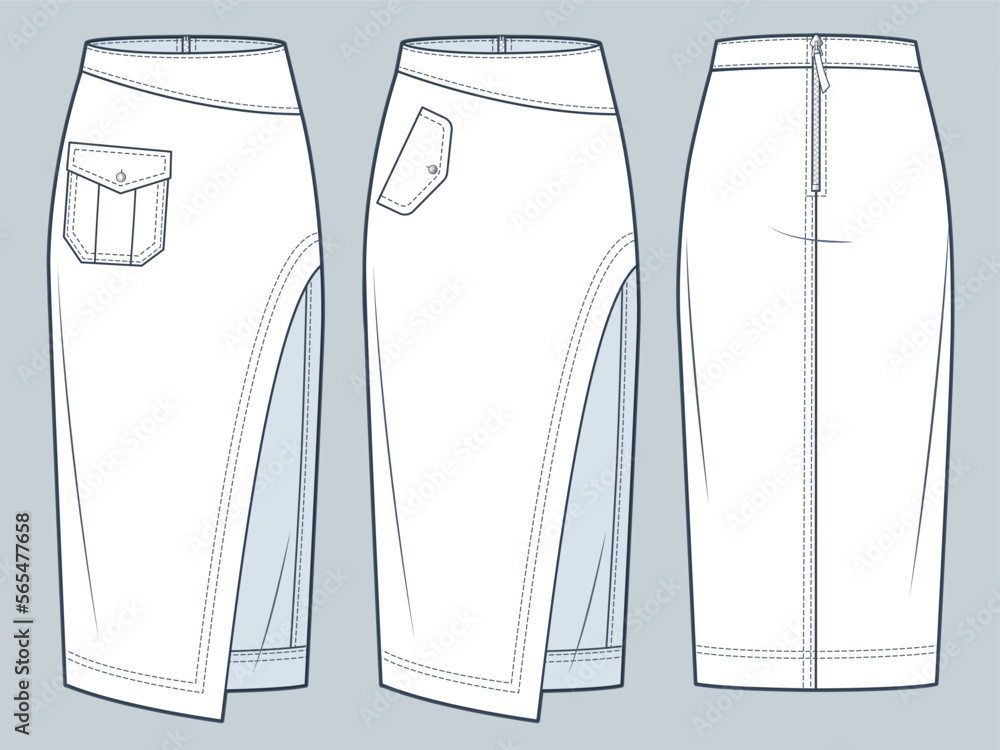 Set of asymmetric Skirts technical fashion illustration. Midi Skirts ...
