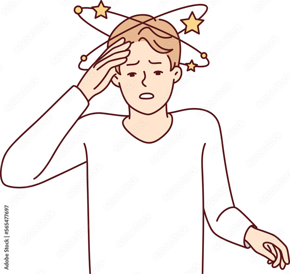 Suffering man experiencing pain in head after severe injury puts hand on forehead. Vector image Suffering man experiencing pain in head after severe injury puts hand on forehead. Vector image