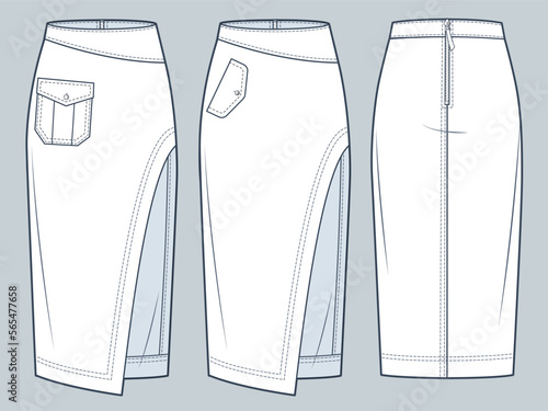 Set of asymmetric Skirts technical fashion illustration. Midi Skirts fashion flat technical drawing template, zip up, pocket, side slit, front and back view, white, women CAD mockup set.