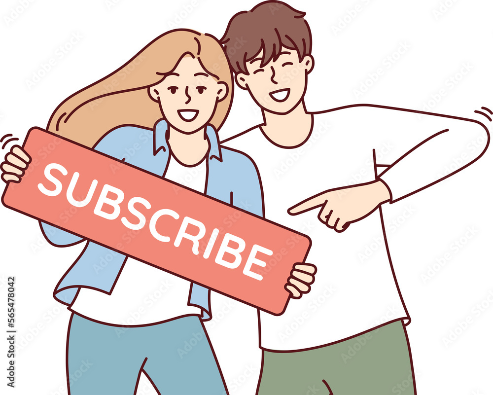 Beautiful Couple Of Man And Woman Smile Show Subscribe Sign Call On Viewers To Action Vector