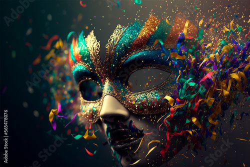 Brazilian carnival mask, background, confetti, streamers and glitter