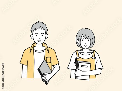 笑顔、笑う大学生の男女のイラスト
