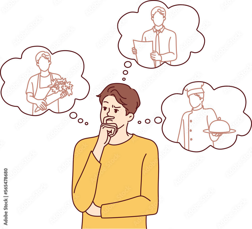Thoughtful man making choice between professions after graduating from school. Vector image Thoughtful man making choice between professions after graduating from school. Vector image
