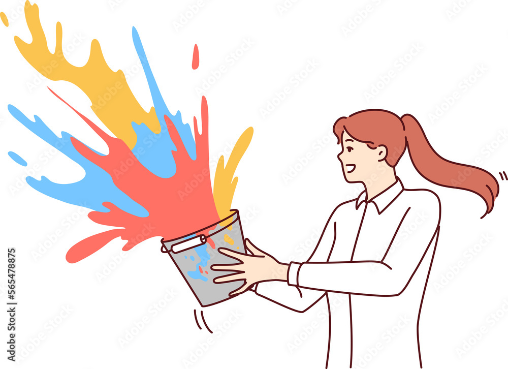 Creative woman splashes multicolored liquid paint from bucket to make world brighter. Vector image Creative woman splashes multicolored liquid paint from bucket to make world brighter. Vector image