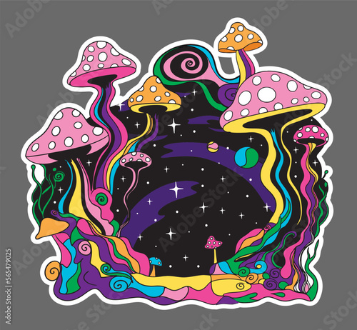 Psychedelic hippie mushrooms sticker. 70s cartoon retro style