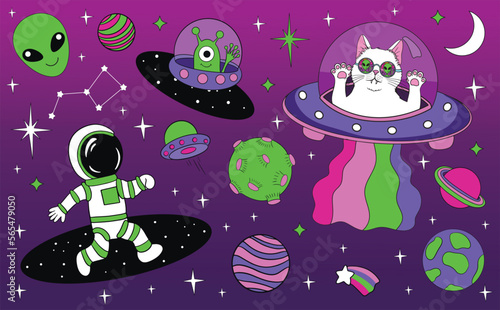 Astronauts and Alien in space cartoon vector illustration. Space groovy trips