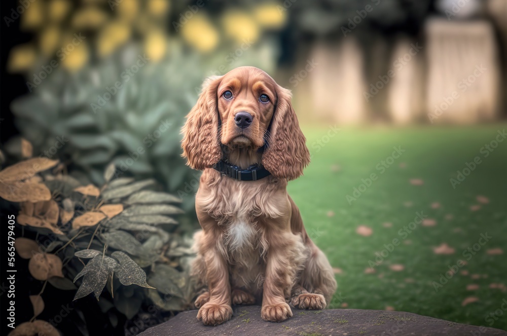 Obraz premium Brauner Cocker Spaniel sitzt im Garten in Pose. Portrait mit unscharfen Hintergrund - KI generiert