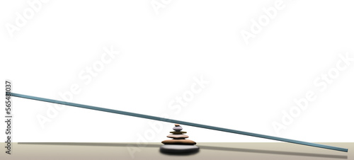 A board balances on a stack of rocks in a 3-d illustration about balancing. It is a teeter totter or seesaw arrangement on a sandy beach and is isolated on a transparent background. photo