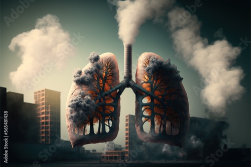 Created with Generative AI technology. chimney smoke, human lungs, air pollution concept