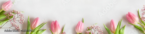 Fototapeta Naklejka Na Ścianę i Meble -  Pink tulips on a white background. Postcard Happy Valentine's Day. Love concept for mother's day. place for text