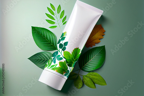 Naturkosmetik: Leere, weiße Kosmetiktube mit Blättern im Hintergrund. Mock-up Flasche für Etikett - Generative Ai photo