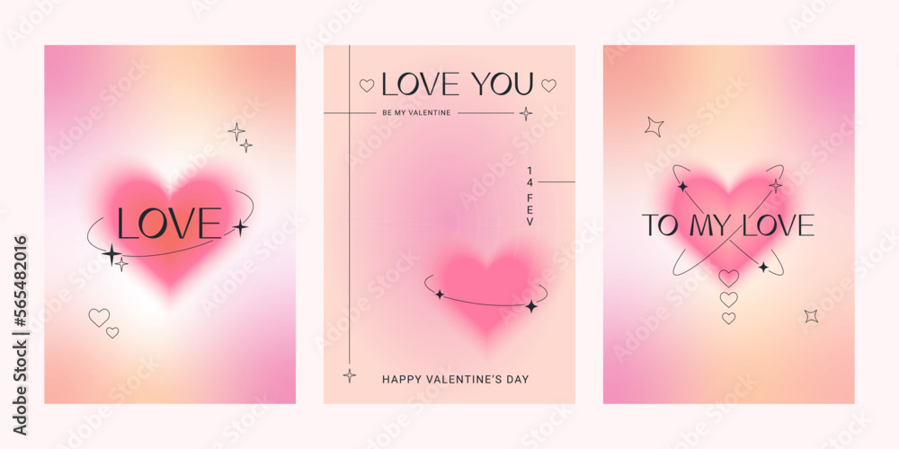 Set of modern posters with Valentine's Day. Trendy gradients, blurred shapes, typography, y2k. Social media stories templates. Vector illustrations