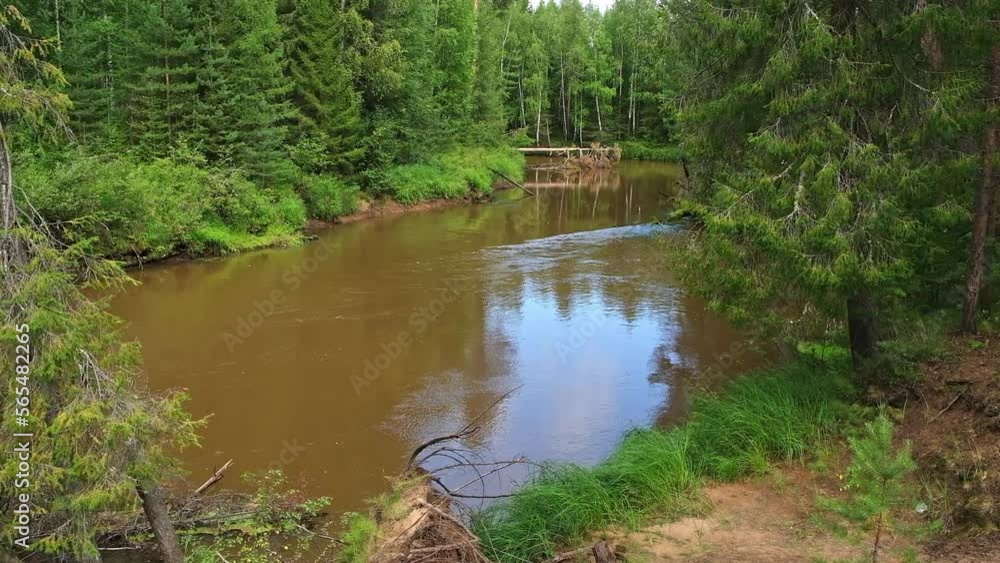 Dirty peat water in a fast river. Fast dangerous current. Funnels are dangerous for swimming. Dirty peat water in a fast river. Fast dangerous current. Funnels are dangerous for swimming.
