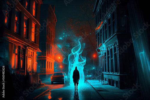 Eerie Bioluminescent Ghost in the City at Night - A Spooky and Otherworldly Street Scene with a Glowing Specter in the Darkness