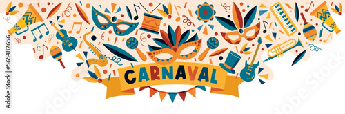 Carnaval - Bannière - Titre et illustrations colorées autour de mardi gras - Masques et musique