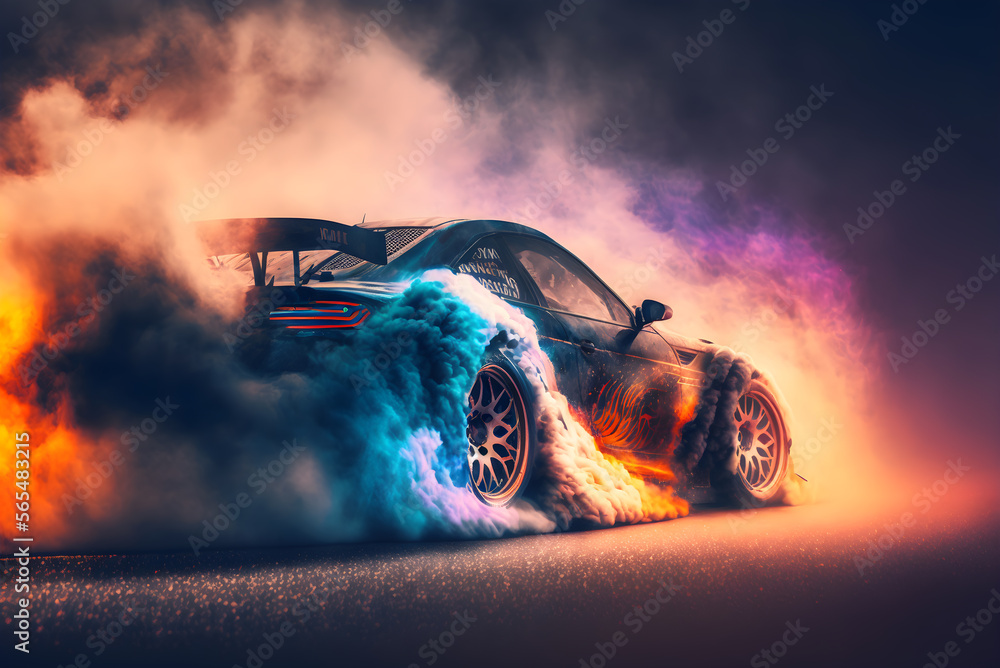Premium AI Image  Car drifting Blurred image diffusion race drift car with  lots of smoke from burning tires on track
