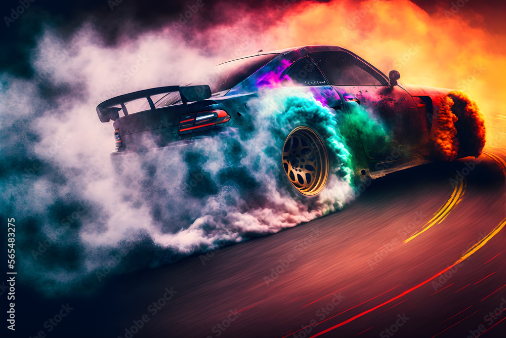 Car drifting image diffusion race drift car with lots of smoke from burning  tires on speed track Stock Illustration