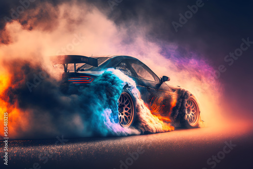 Car drifting image diffusion race drift car with lots of smoke from burning tires on speed track photo