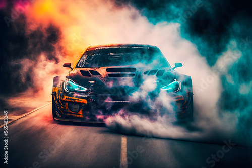 Canvastavla Car drifting image diffusion race drift car with lots of smoke from burning tire