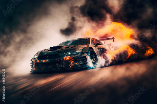 Car drifting image diffusion race drift car with lots of smoke from burning tires on speed track