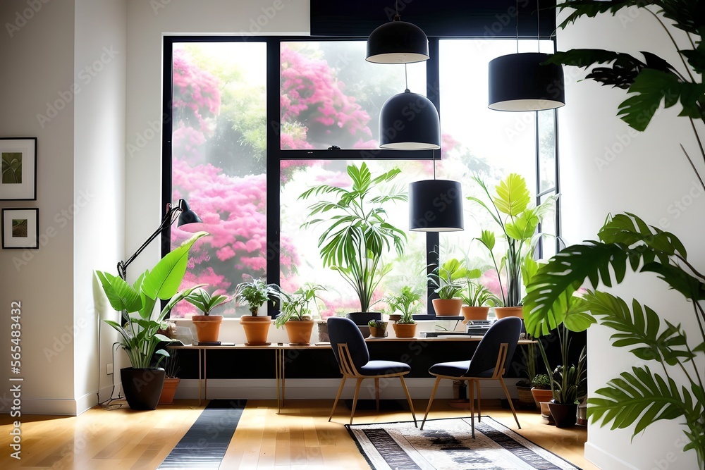 Fototapeta premium Modern lit luxury interior with many potted plants and sitting area with desk and plants and a couch and wood floor, windows with natural light rays and long shadows.