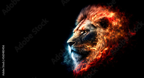 Lion made of fire.  Creative fire flames coming from the king of the jungle.  Inspirational majestic lion design on black background. Artistic image created with generative ai