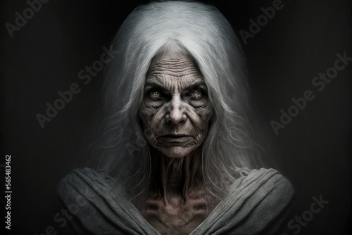 Portrait of a ghostly old lady on a black background created with Generative AI technology.