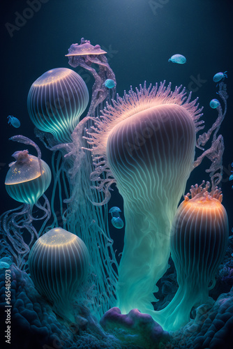 Underwater World of Bioluminescent Algae, Shells and Jellyfish 